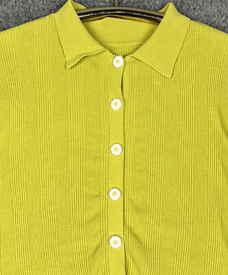 #ad Lime green Womens Small top cardigan Daisy buttons ribbed collared short sleeve $16.79