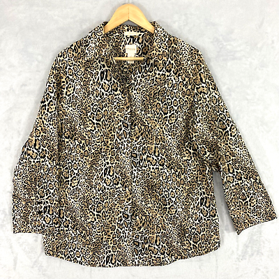 #ad Chico#x27;s Button Up Shirt No Iron Size 2 Large Leopard Print Cotton Long Sleeve $20.37