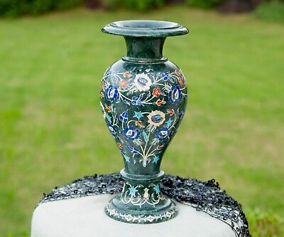 #ad #ad Green Marble Flower Vase Multi Precious Stone Inlay Work Flower Holder for Hotel $603.00