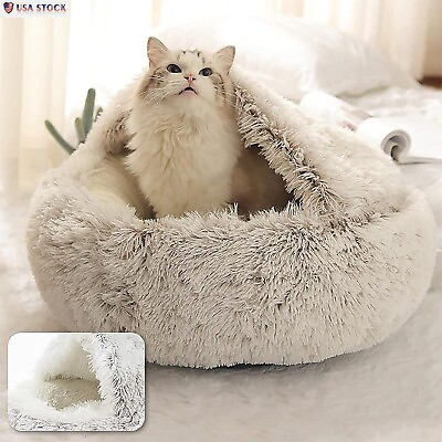 #ad Cat Bed Cave Round Plush Fluffy Hooded Cat Bed Donut Self Warming Pet Dog Bed $20.65