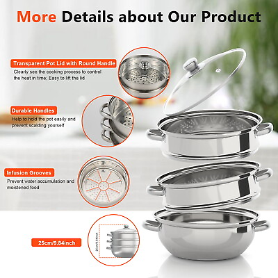 #ad 3 Tier Food Steamer Stainless Steel Vegetable Meat Cooker Kitchen Cookware $40.00