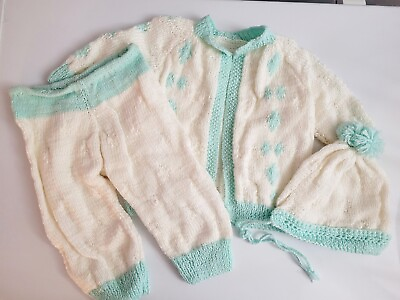 #ad Vintage 6 12 Months Outfit Hand Knit Turquoise Gentle White 80s 90s New $75.00