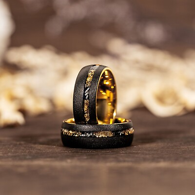 #ad Sandblasted Gold Leaf Meteorite Ring Black Tungsten Mens Wedding Band Mens Ring $99.99