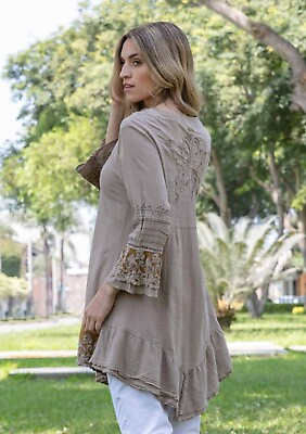 #ad Gretty Zueger Kristell 3 4 Sleeve Cotton Tunic Taupe V Neck Boho Women#x27;s Small $25.00