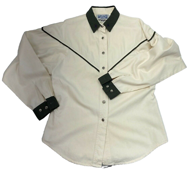 #ad Wrangler Western Shirt Women Sz L 100% Cotton Olive Green amp; Cream Retro $34.00