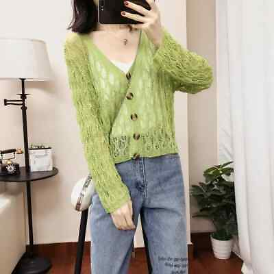 #ad Ladies Knitted Cardigan V neck Thin Cutout Sweater Sunscreen Tops Button Casual $18.22