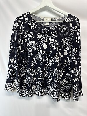 #ad Ann Taylor Loft Pima Cotton Cardigan Sweater Black White Floral L $16.97