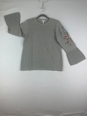 #ad Susan Graver Sweater Medium Gray Cotton Acrylic Embroidered Bracelet Sleeves $6.99