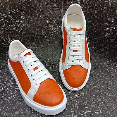 #ad Shoes Genuine Ostrich Skin Leather Men#x27;s Sneakers Handmade Orange Size 6 11US $229.00