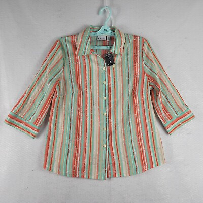 #ad Kim Rogers Woman Top 10P Orange Green White NWT Striped Button Up Crinkle Fabric $9.00