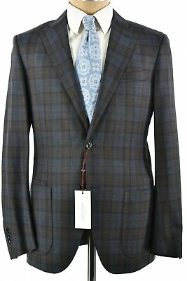 #ad Luciano Barbera NWT Sport Coat Sz 54 44R US Brown amp; Light Blue Plaid Silk Wool $1124.99