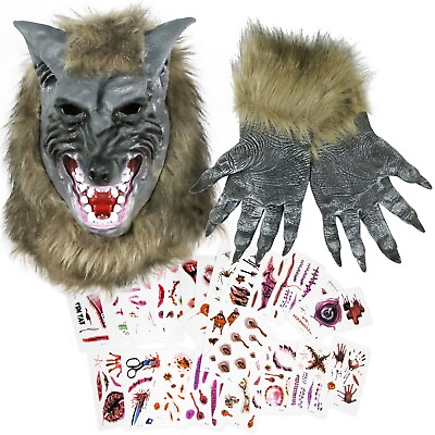 #ad Halloween Wolf Mask amp; Claw Gloves amp; Scar Tattoos Stickers Cosplay Costume Set $18.99