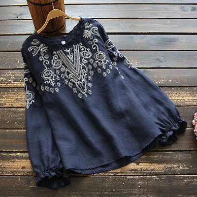 #ad Women Summer Cotton Ethnic Tops Linen Vintage Embroidered Shirt Blouse $25.46