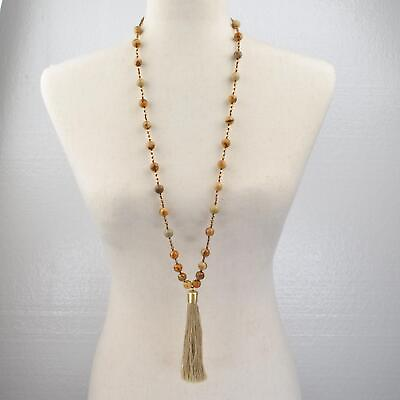 #ad Glass Bead Long Tassel Necklace Boho Ethic Brass Tone Beads Marble 35quot; $14.99