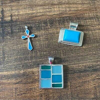#ad Set of Three Pendants Cross Mosaic and Blue Stone with Silver tone Metal $5.00