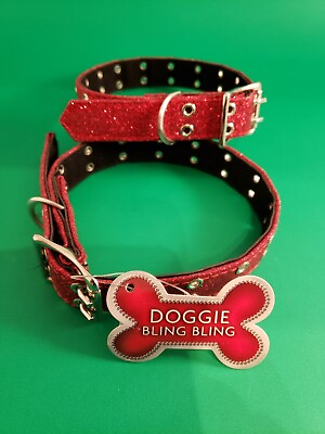 #ad Dog Collars Christmas Red Adjustable Set Of 2 Doggie Bling Bling Glitter $25.77