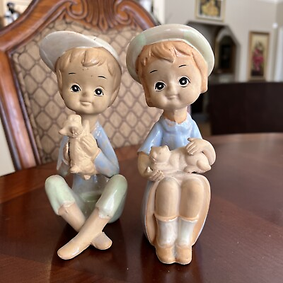 #ad VTG MADE JAPAN PAINTED CLAY BOY AND GIRL WITH CAT KITTEN 7” Tall Approx $75.00