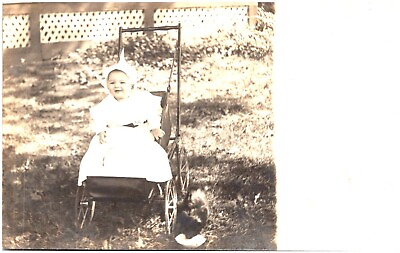 #ad RPPC Baby Stroller Buggy White Dress Pointy Cap Mystery Animal Dog? Cat? Pig? $8.25
