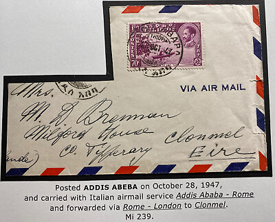 #ad 1947 Addis Ababa Ethiopia Airmail Cover To Clonmel Ireland Sc#239 $39.99