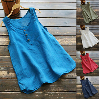 #ad Vintage Solid Women Casual Summer Linen Tops Tee Sleeveless Loose Vest Blouse $13.81