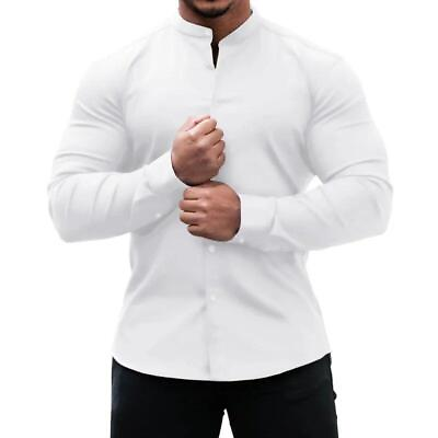 #ad Mens Muscle Dress Shirts Slim Fit Stretch Collarless Long Sleeve Button Shirt U. $17.84