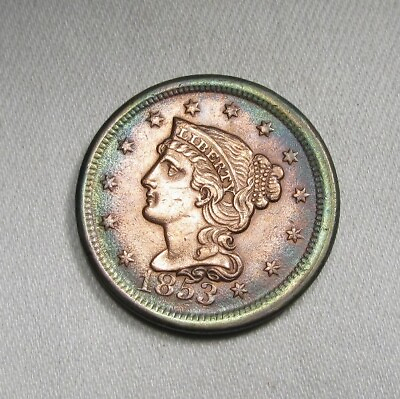 #ad 1853 Large Cent Nice Olive Green Bluish Rim Toning AU Details Coin AL801 $149.00