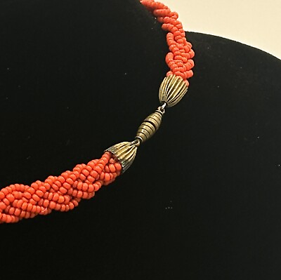 #ad VTG CZECH Art Deco Braided Coral Glass Seed Bead NECKLACE CHOKER $74.00