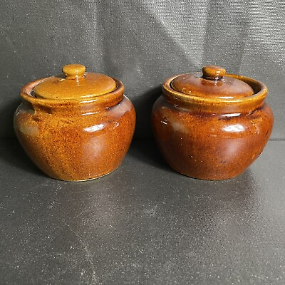 #ad VTG 1960s Crock Bean Pot Set of 2 Brown Clay Small Lidded Dish Spice Sugar Jars $17.99