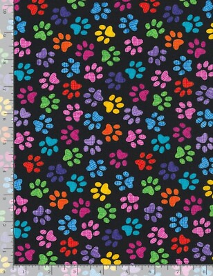 #ad Dog Dogs Paw Prints Multi on Black 9328 Timeless durable cotton Fabric $9.69