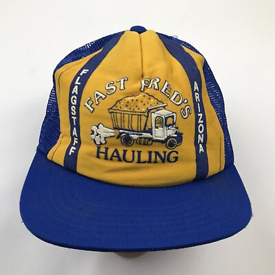 #ad VINTAGE Fast Fred Hauling Hat Cap Snapback Trucker Blue Yellow Adult Men USA 80s $58.77
