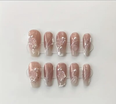 #ad Pink Roses Floral 3D Shimmer Press On Women’s Girls Ballet Nails 10pcs New $3.95