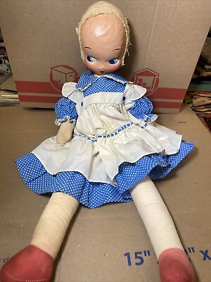 #ad Vintage 24quot; Cloth Doll Painted Face Country Blue White Dress Blue Eyed Plush $20.00