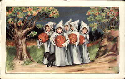 #ad Halloween Kids in Ghost Costumes in Woods w JOLs Embossed c1910 Postcard $31.31