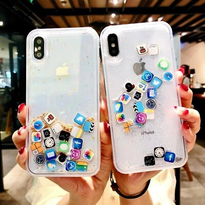 #ad Liquid Glitter App Icons Bling Quicksand Case Cover For iPhone 15 14 13 12 XS XR $8.36