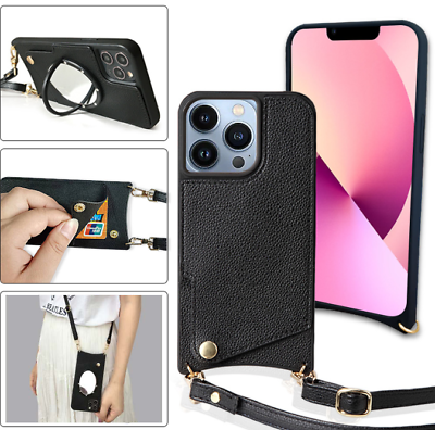 #ad Women Cute Bling PU Leather Card Case with Mirror Holder Crossbody For iPhone $11.91