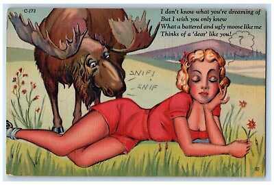 #ad c1930#x27;s Pretty Woman Sexy Curly Hair Dreaming Moose Posted Vintage Postcard $12.48