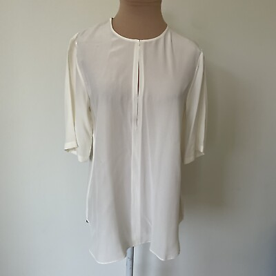 #ad Theory Antazie Summer Silk Ivory Off White Short Sleeve Split Neck Blouse Sz XS $45.00