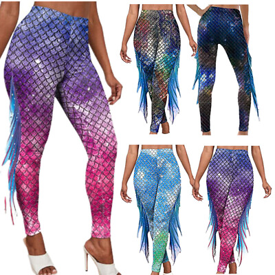 #ad Womens Mermaid Fish Scale Cosplay Costume Sport Yoga Trousers Fitness Long Pants $16.26