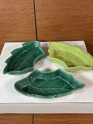 #ad 3 VTG California Pottery Relish Dip Trays HandPainted Green 275P $24.99
