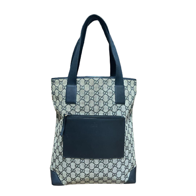 #ad Auth GUCCI Gucci GG Canvas Leather Tote Bag Front Pocket Zip Closer Navy Italy $142.56