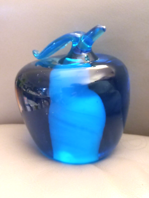 #ad Art Glass Paperweight Blue Apple Blown $22.70