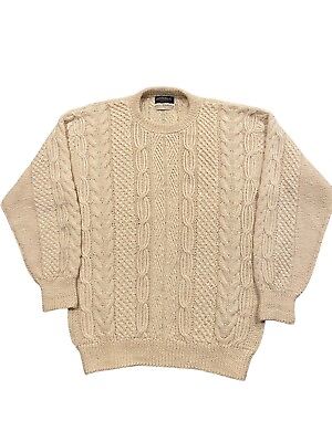 #ad Vintage 100% Alpaca Hand Knit Cable Knit Pullover Sweater Men’s Large Cream EUC $95.99