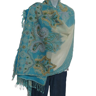 #ad Shawl Embroidery Yak Sheep Wool Blend Stitched Handmade Aqua amp; White $82.80