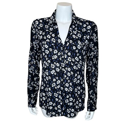 #ad Express Women#x27;s The Portofino Shirt L Button Roll Tab Sleeve Blue Black Floral $19.99