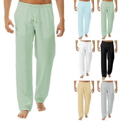 #ad Mens Cotton Linen Loose Pants Casual Drawstring Beach Yoga Baggy Long Trousers $17.50