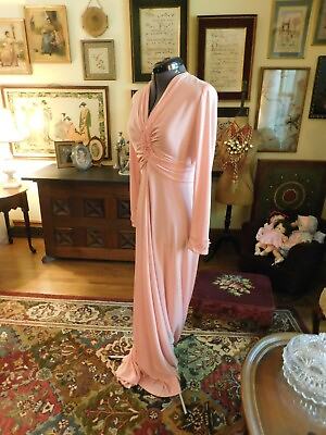 #ad NO LABEL BRIGHT PINK VINTAGE JERSEY FORMAL GOWN A LINE LONG SLEEVE S 10 $60.00