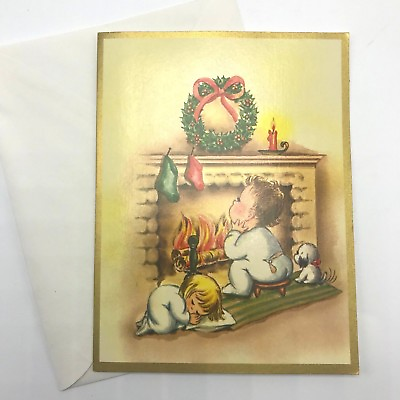 #ad Vintage Christmas Cards Fireplace Wreath Puppy Children Gold Edge Set of 10 $10.39