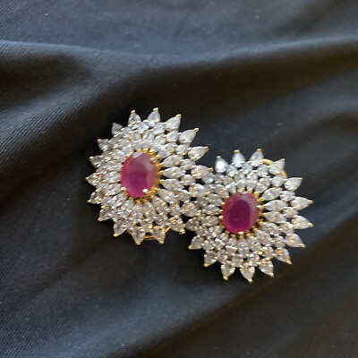 #ad 18k on4k Y Gold Huge Ruby Marquee Diamond Look Stud Earrings $260.00