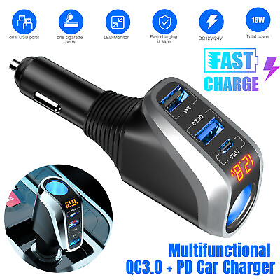 #ad 12V Car Cigarette Lighter Socket 2 USB PD Charger Splitter Outlet Power Adapter $11.98
