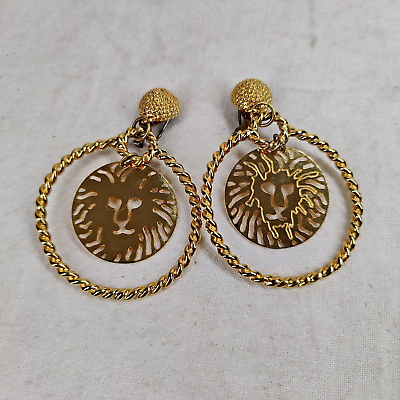 #ad Lion Design Big Gold Tone Hoops Vintage Retro Mid Century Era Peirced Earrings $20.98